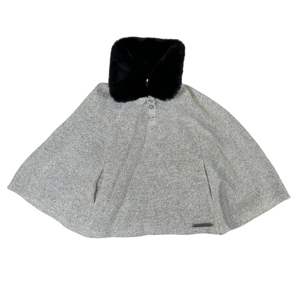 NWT Calvin Klein Jeans Toddler Girls Silver Knit Poncho Faux Fur Collar 3T READ